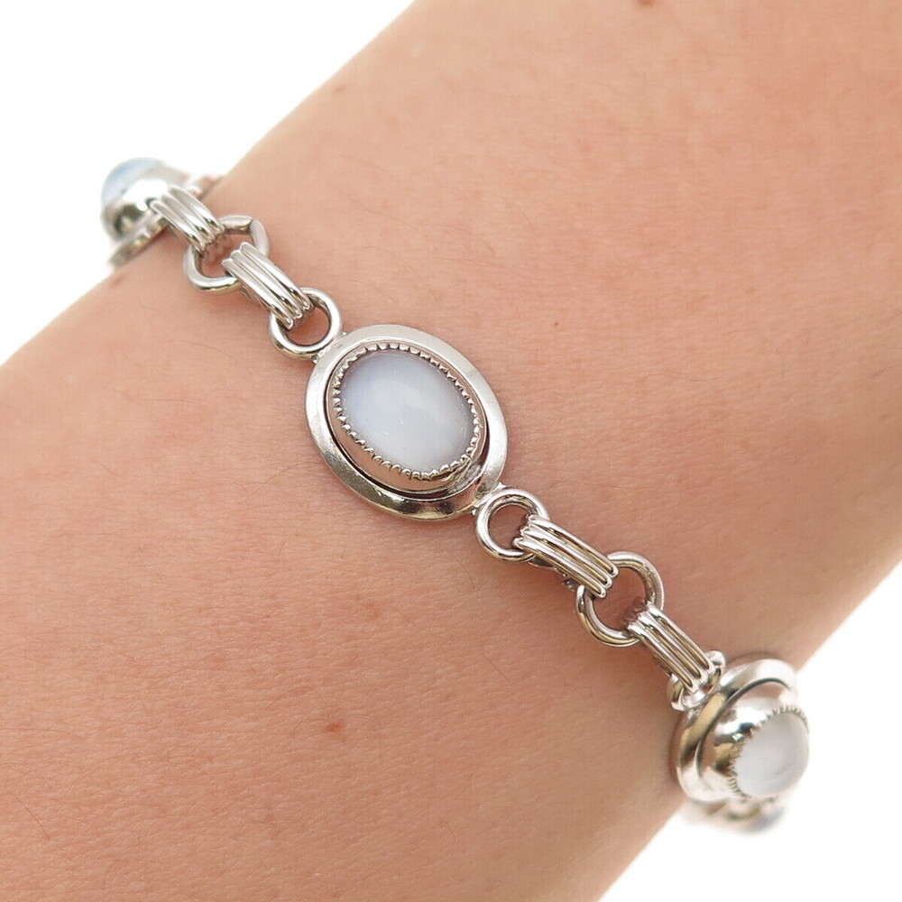 1/20 12K White Gold Filled Vintage Real Cabochon Opalite Bracelet 7.25"